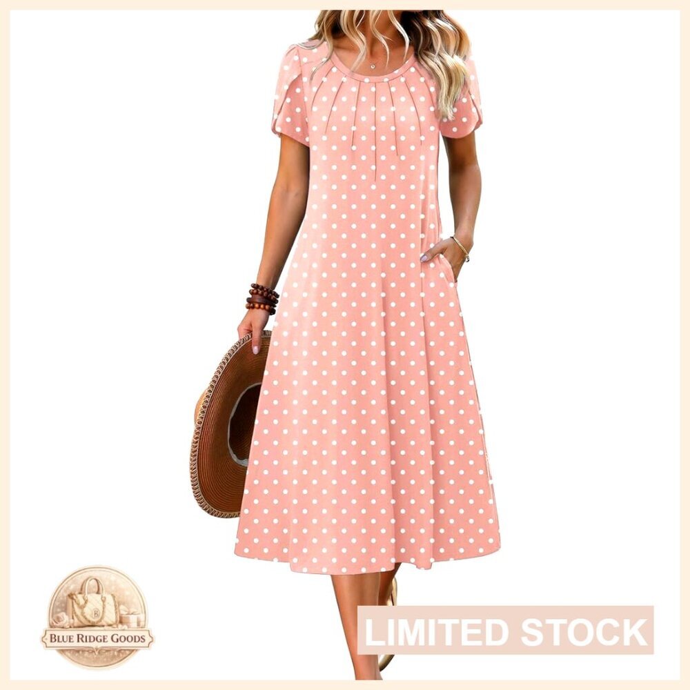 Pleated Midi Dress Boho Chic Casual Summer Flowy A-Line Petal Sleeves